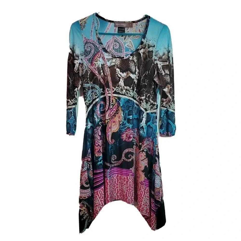 Urban Mango Womens Dress Small Teal Brown Western Long Sleeve Rhinestone